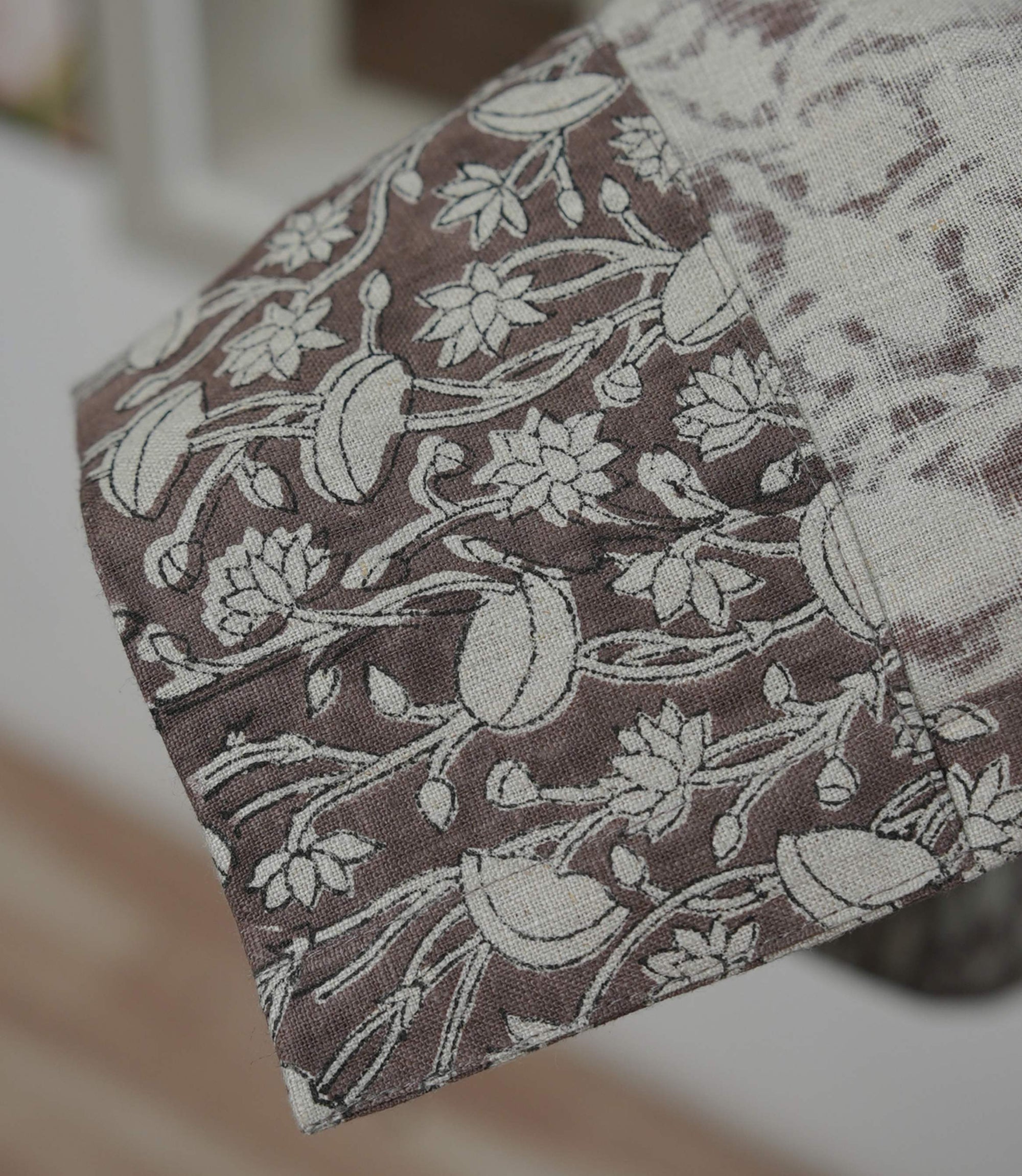 Vintage Brown Floral Linen Block Print Curtains Rod Pocket Pishta