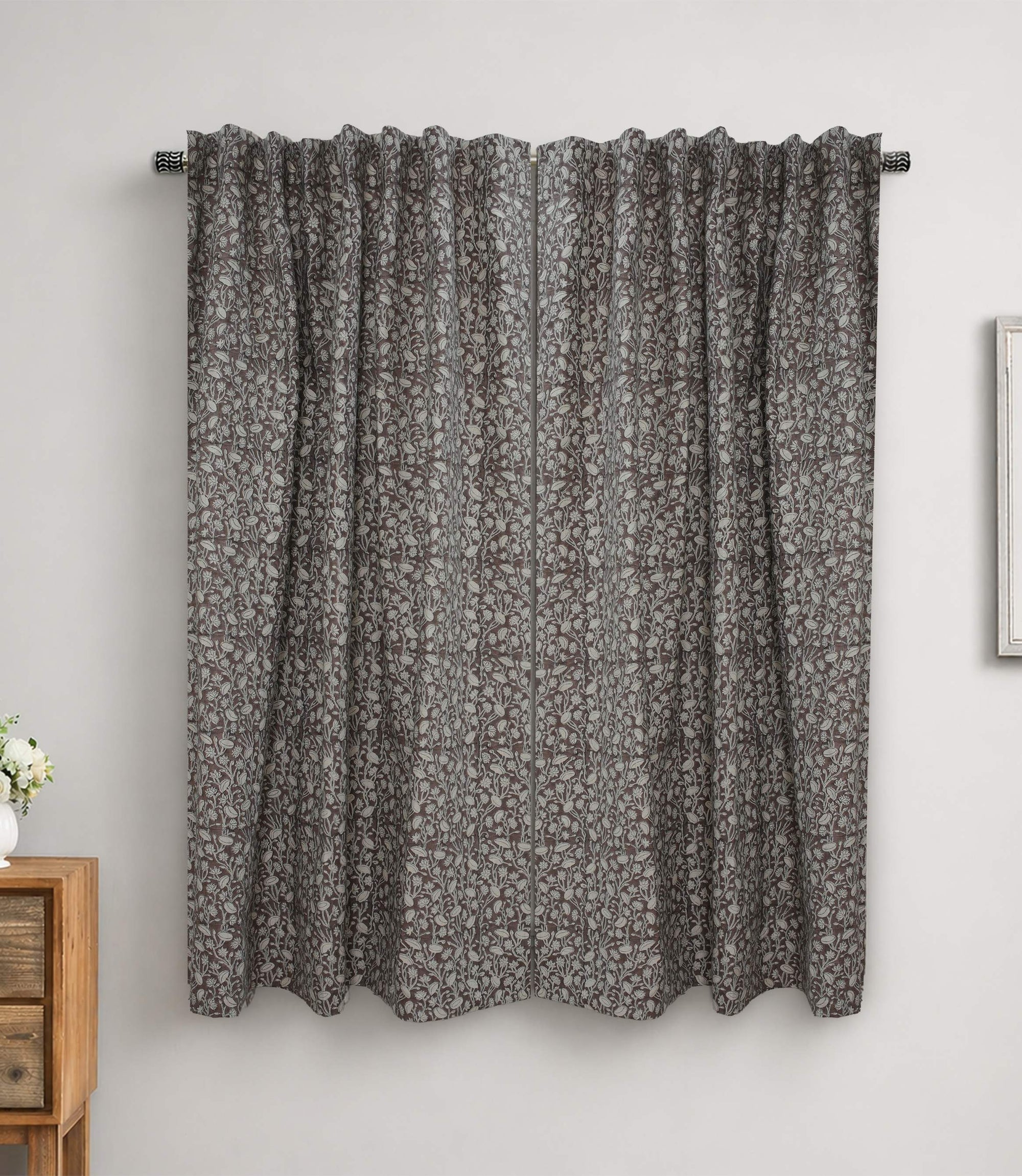 Vintage Brown Floral Linen Block Print Curtains Rod Pocket Pishta