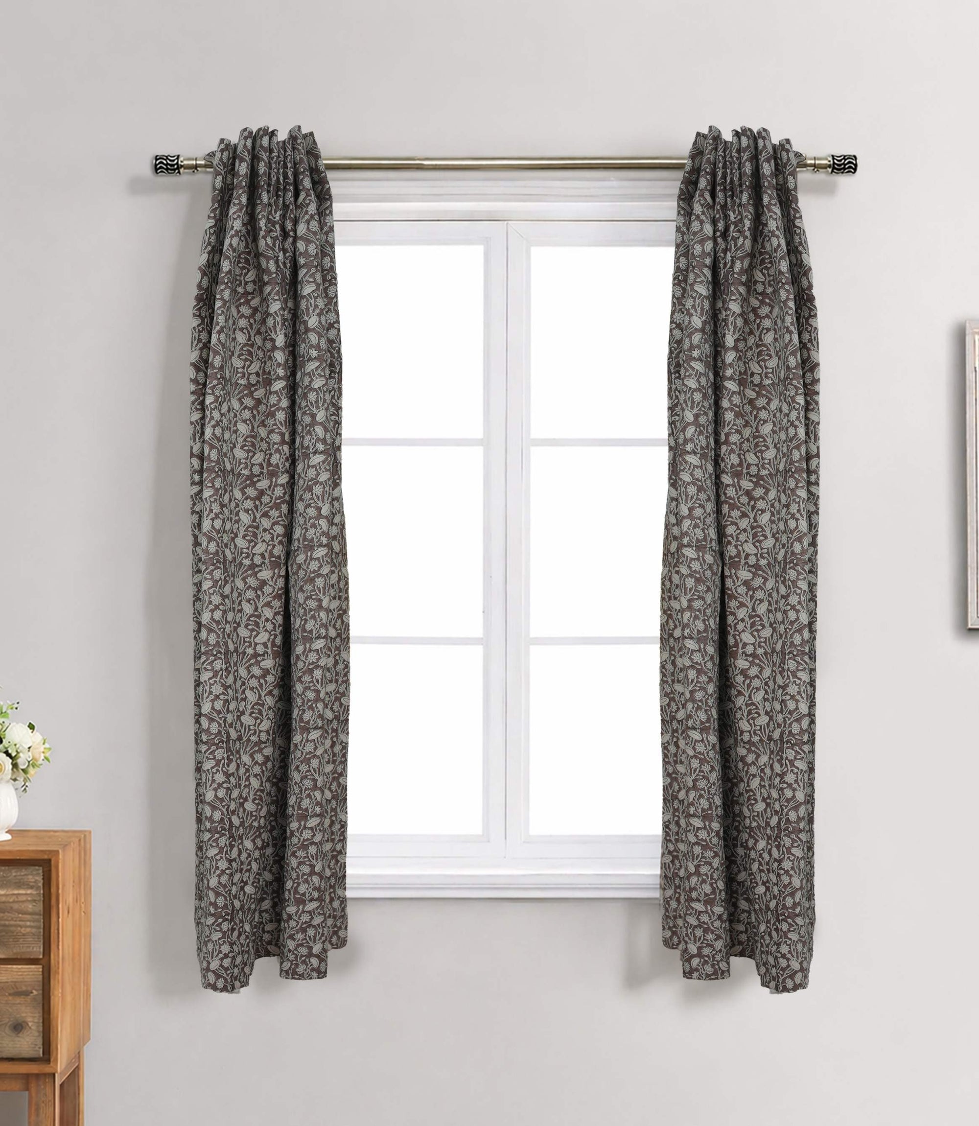 Vintage Brown Floral Linen Block Print Curtains Rod Pocket Pishta