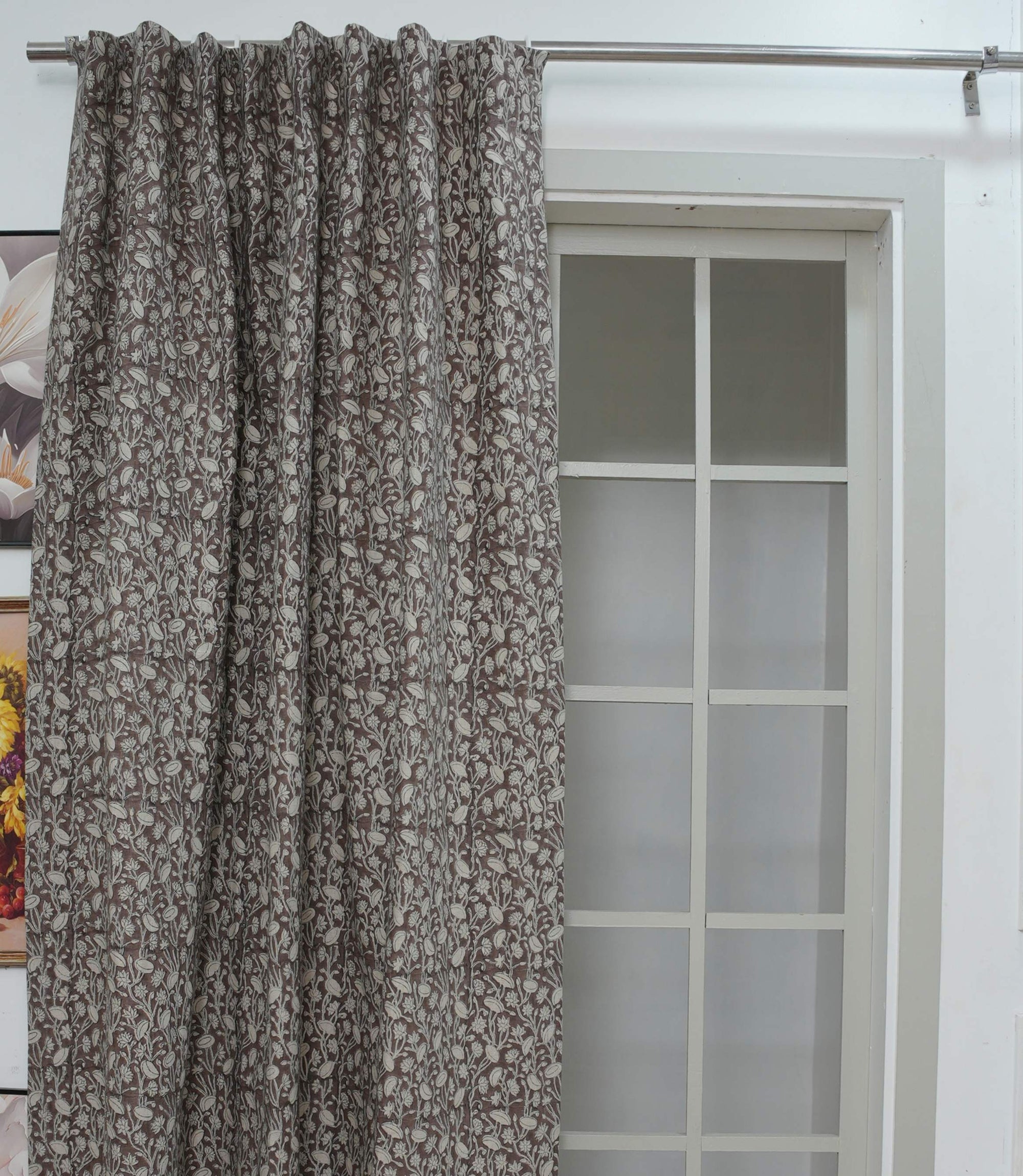 Vintage Brown Floral Linen Block Print Curtains Rod Pocket Pishta