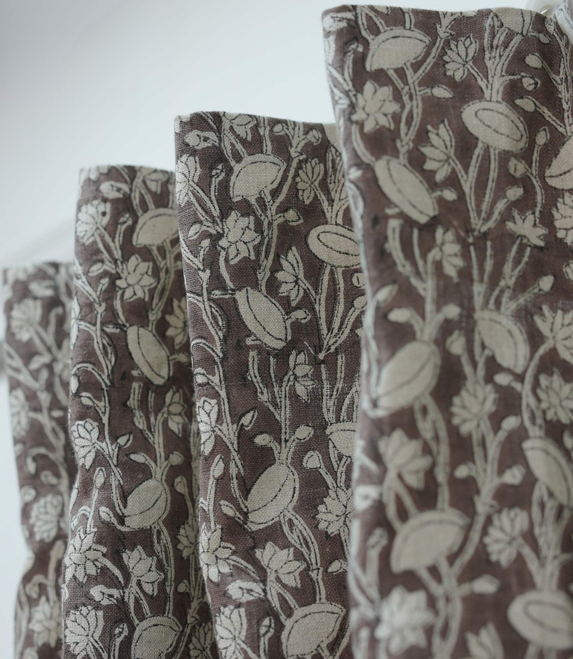 Vintage Brown Floral Linen Block Print Curtains Rod Pocket Pishta
