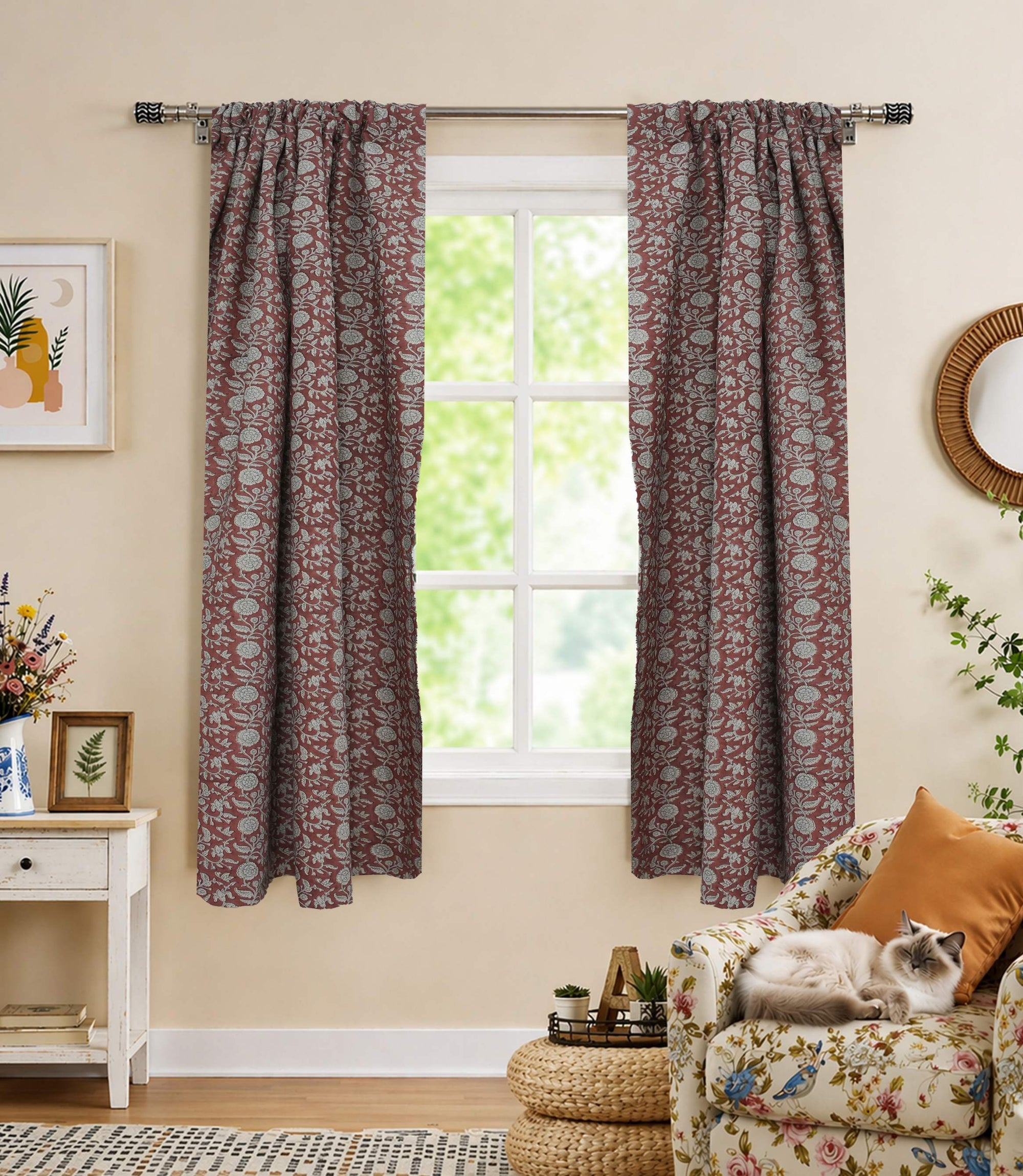 Boho Red Floral Linen Block Print Rod Pocket Curtain – Shillong