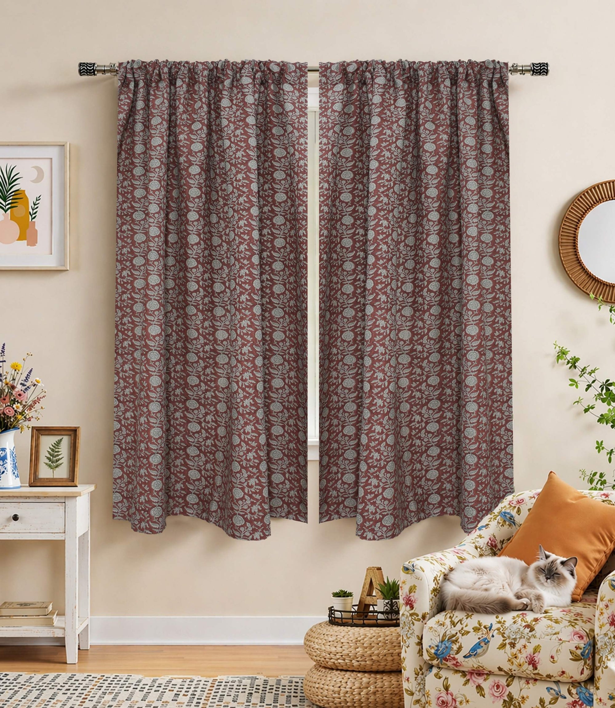 Boho Red Floral Linen Block Print Rod Pocket Curtain – Shillong