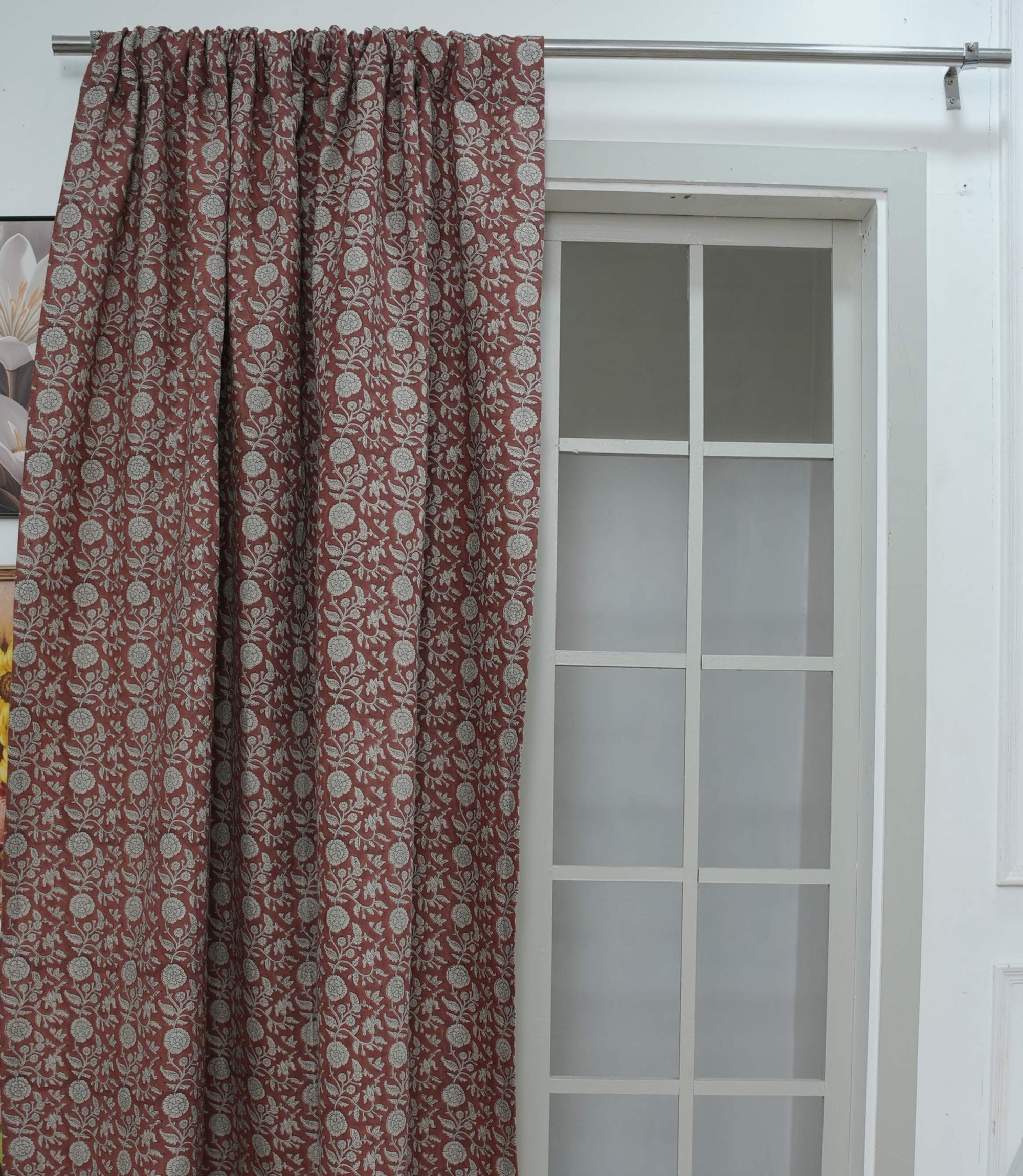 Boho Red Floral Linen Block Print Rod Pocket Curtain – Shillong