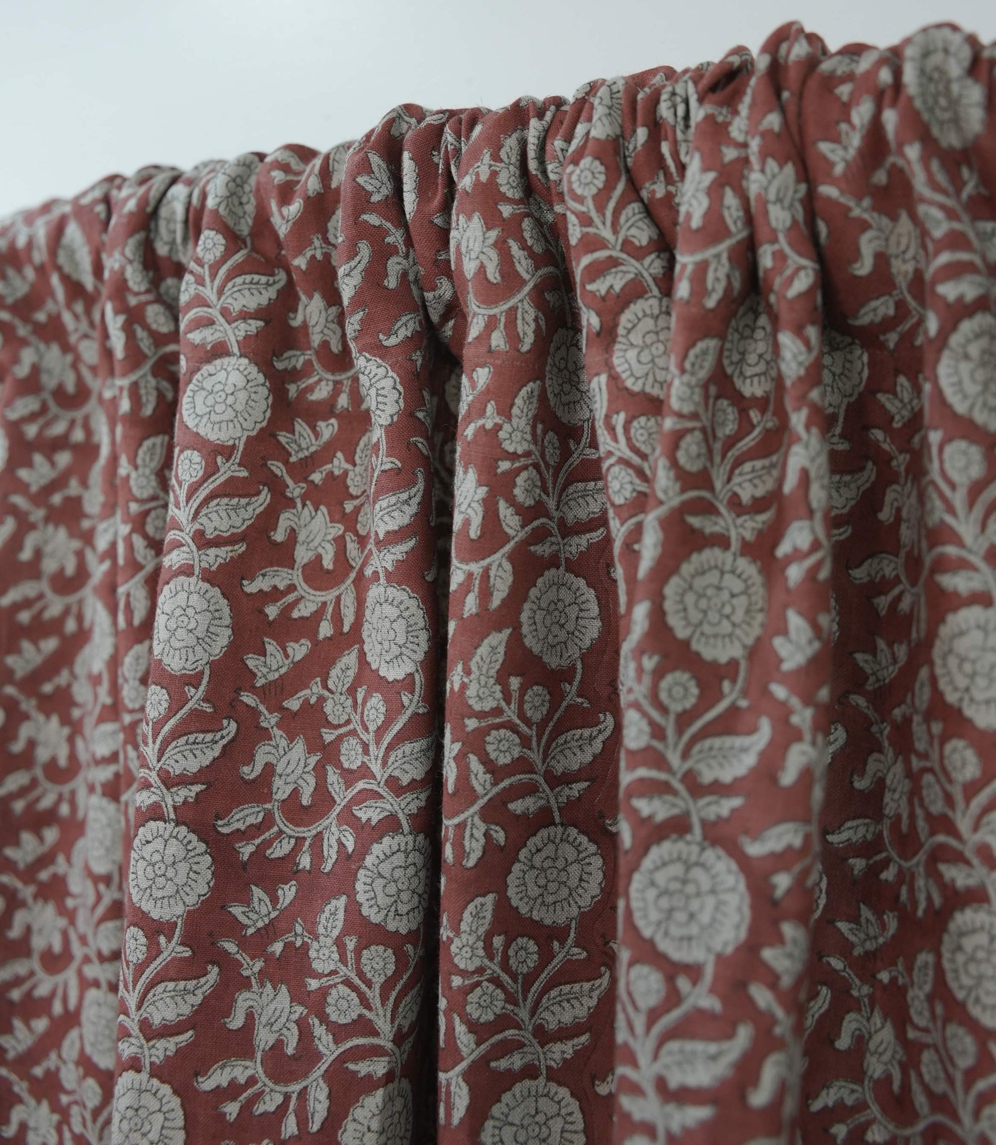 Boho Red Floral Linen Block Print Rod Pocket Curtain – Shillong