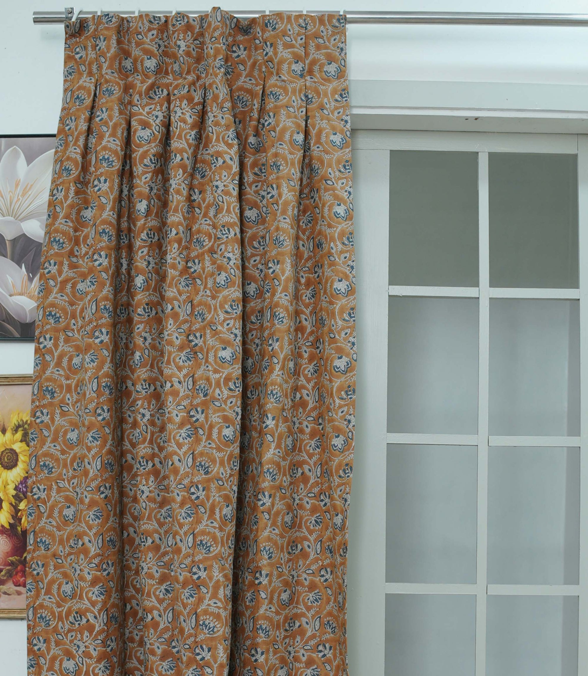 Saraswati Brown Blue Linen Pleated Boho Curtains