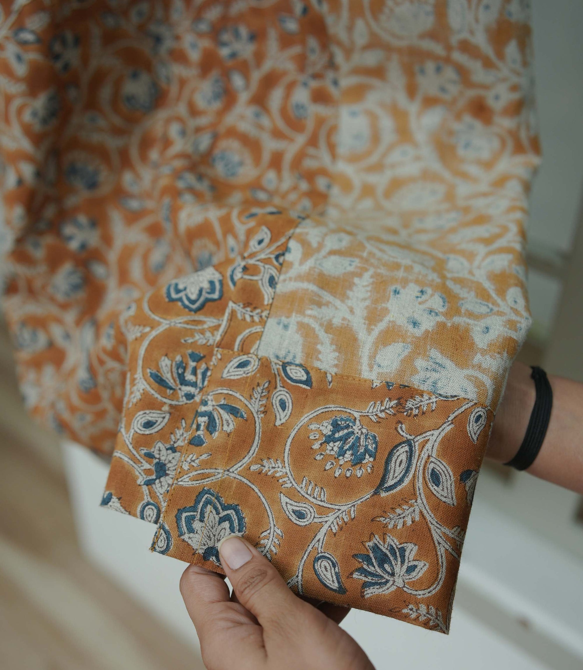 Saraswati Brown Blue Linen Pleated Boho Curtains