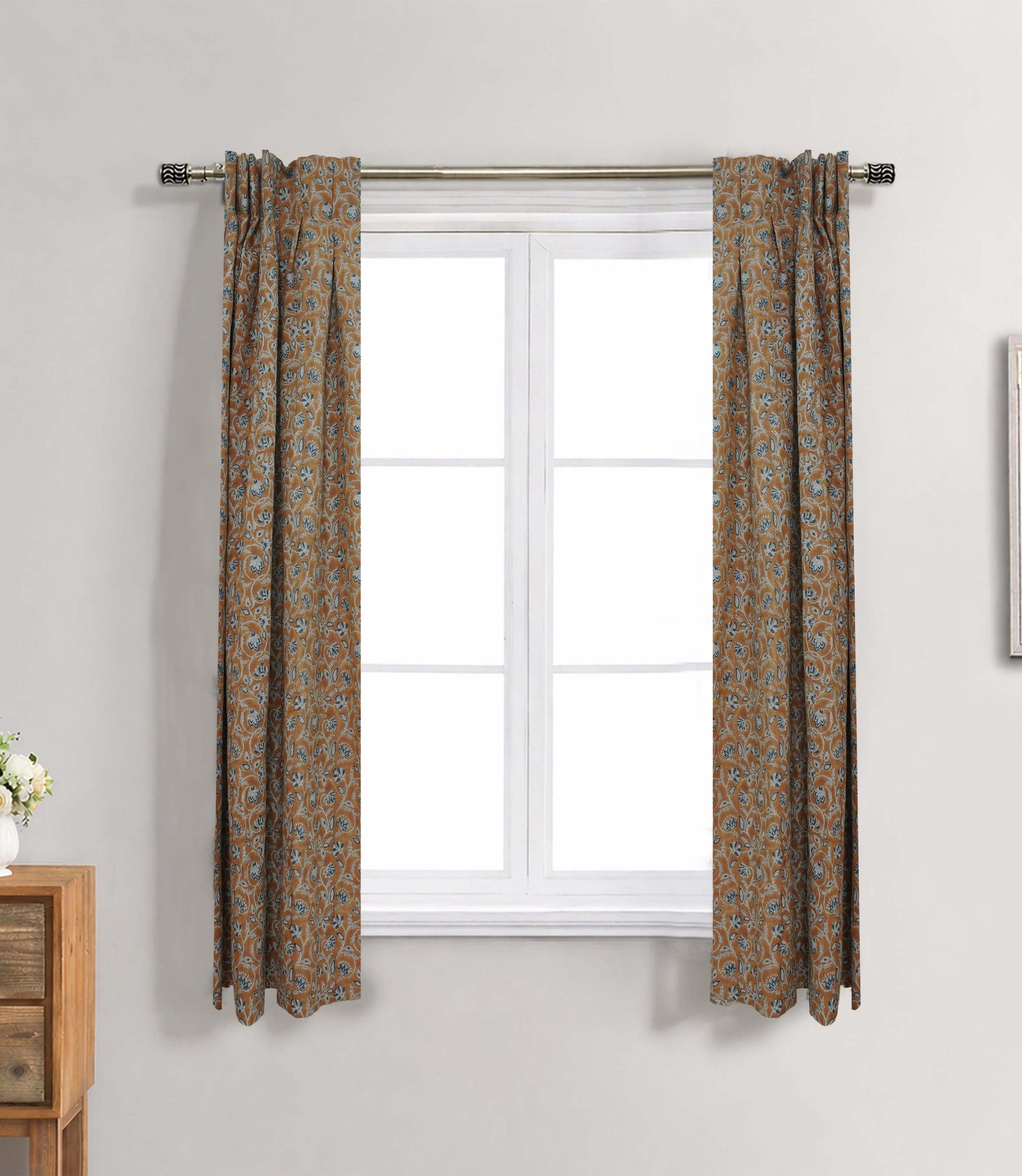 Saraswati Brown Blue Linen Pleated Boho Curtains