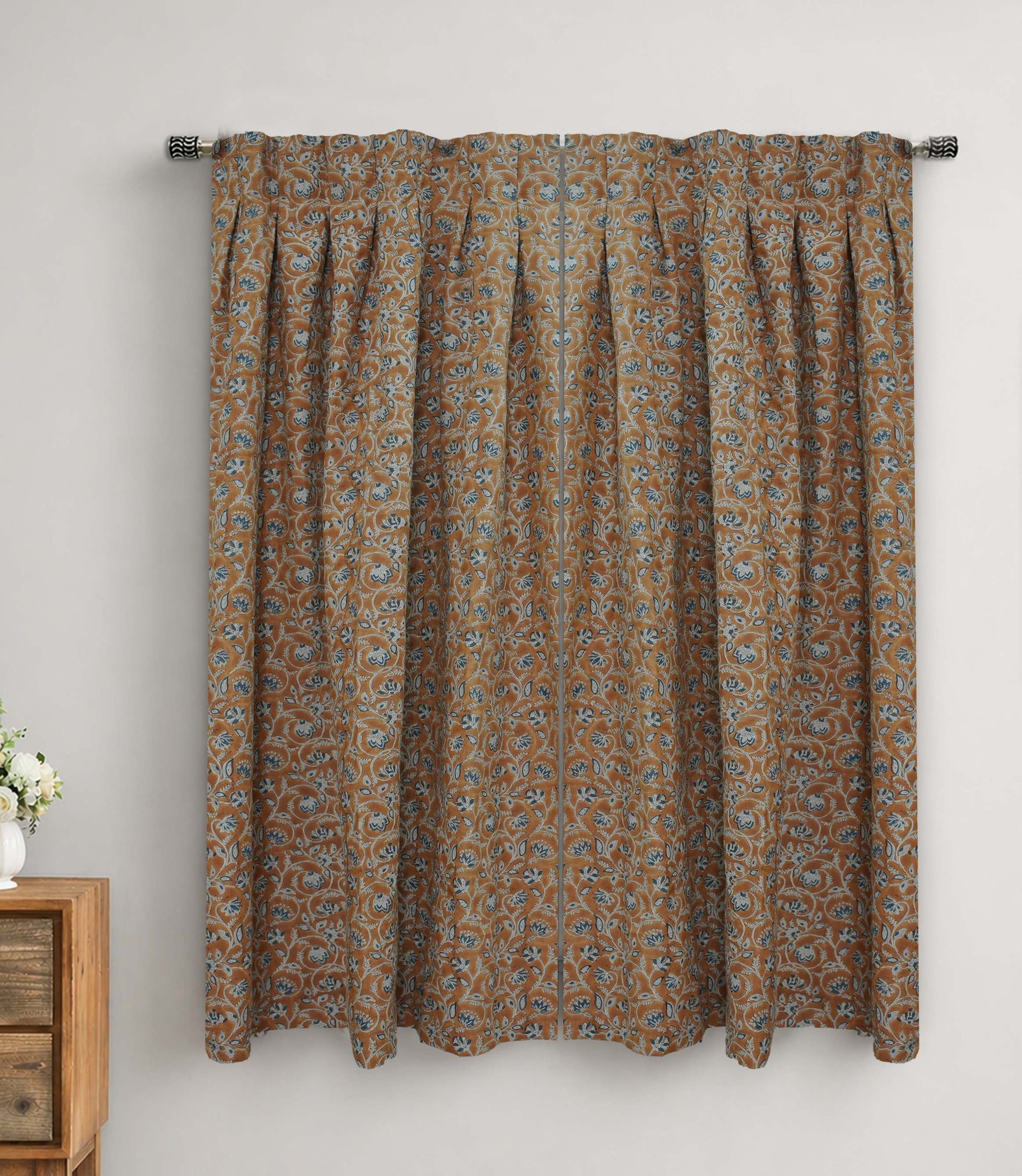 Saraswati Brown Blue Linen Pleated Boho Curtains
