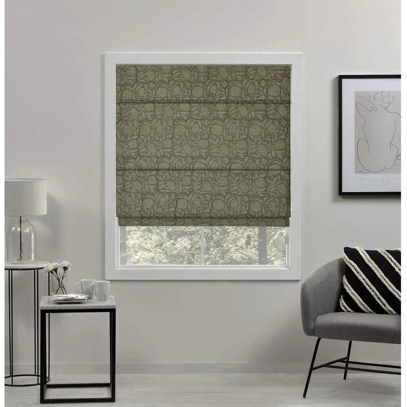 Indian Handblock Printed Floral Roman Shade in Pure Linen Window Blind Rustic Charm - Meraki