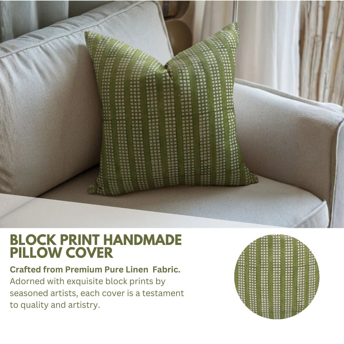 Indian Block Print Green Duck Canvas Cushion Cover - Choco Chips 