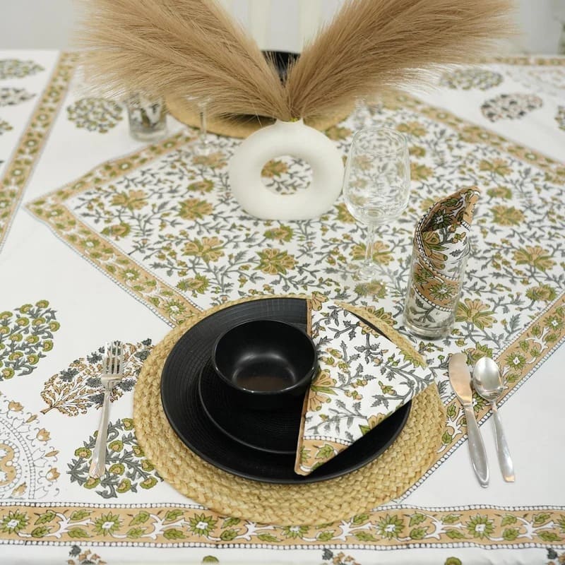 Cozy bedroom setup featuring stylish printed table cloth