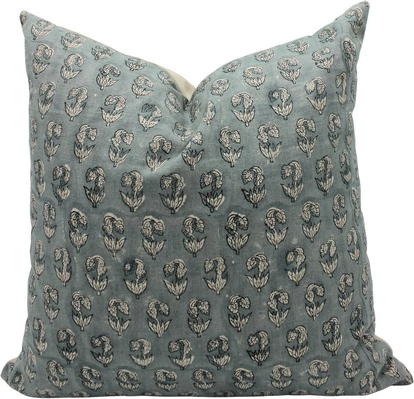 Superstar Floral Block Print Cushion Cover Sage Green Pure Linen | Indian Artisan