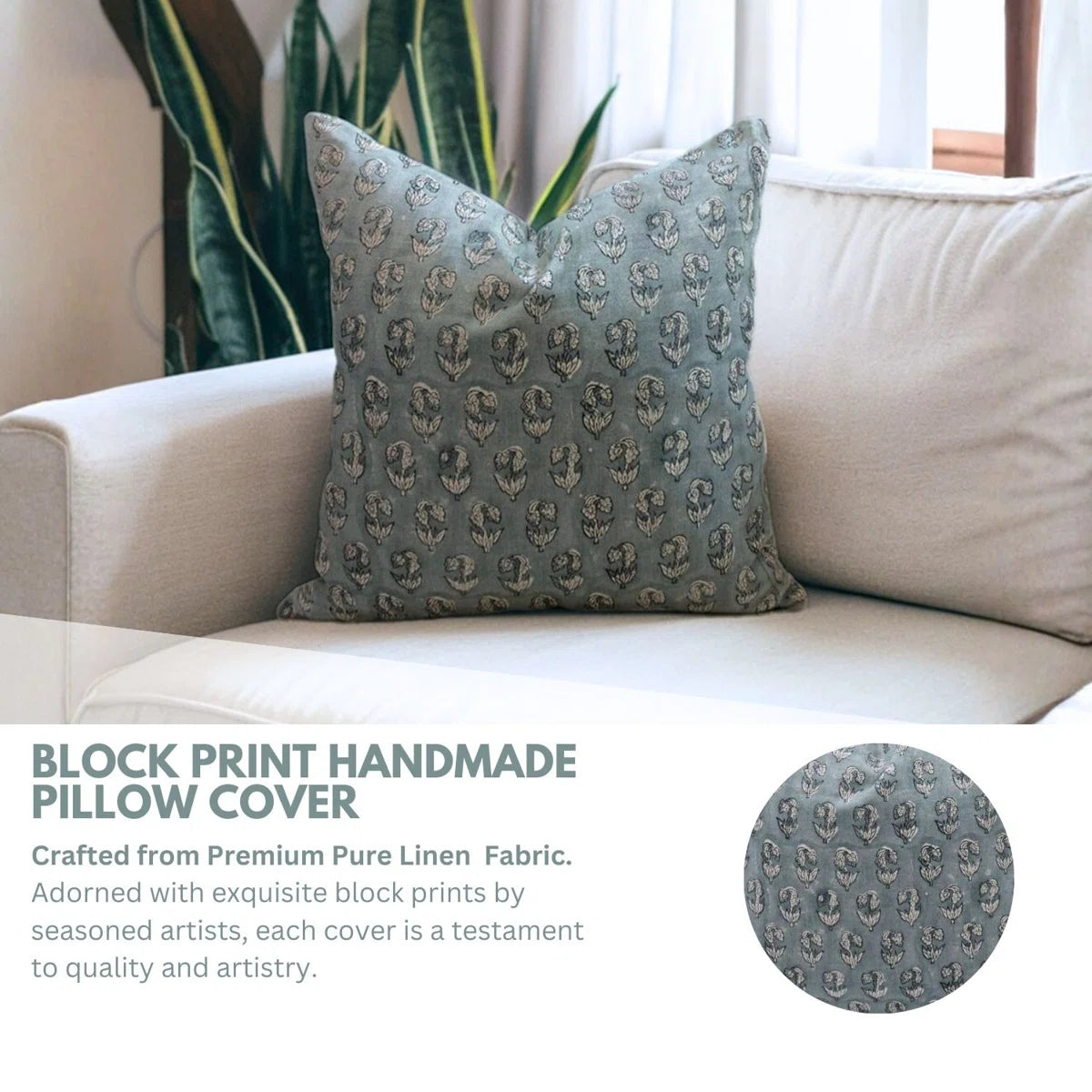 Superstar Floral Block Print Cushion Cover Sage Green Pure Linen | Indian Artisan