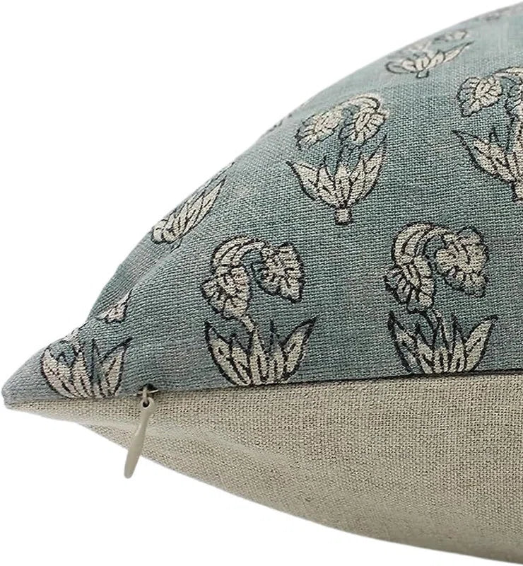 Superstar Floral Block Print Cushion Cover Sage Green Pure Linen | Indian Artisan