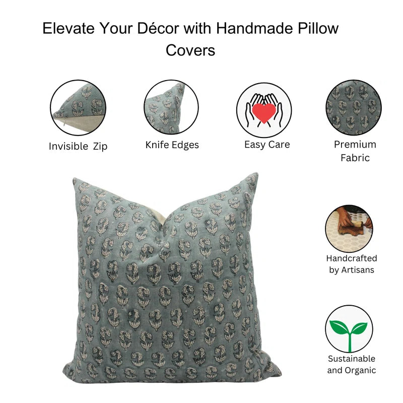 Superstar Floral Block Print Cushion Cover Sage Green Pure Linen | Indian Artisan