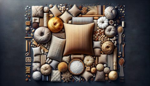 Artistic display of textiles and traditional pillow covers in neutral and gold tones.
