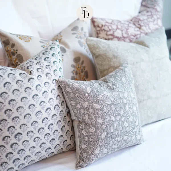 Handcrafted linen. Traditional wooden block print pillow cover. 