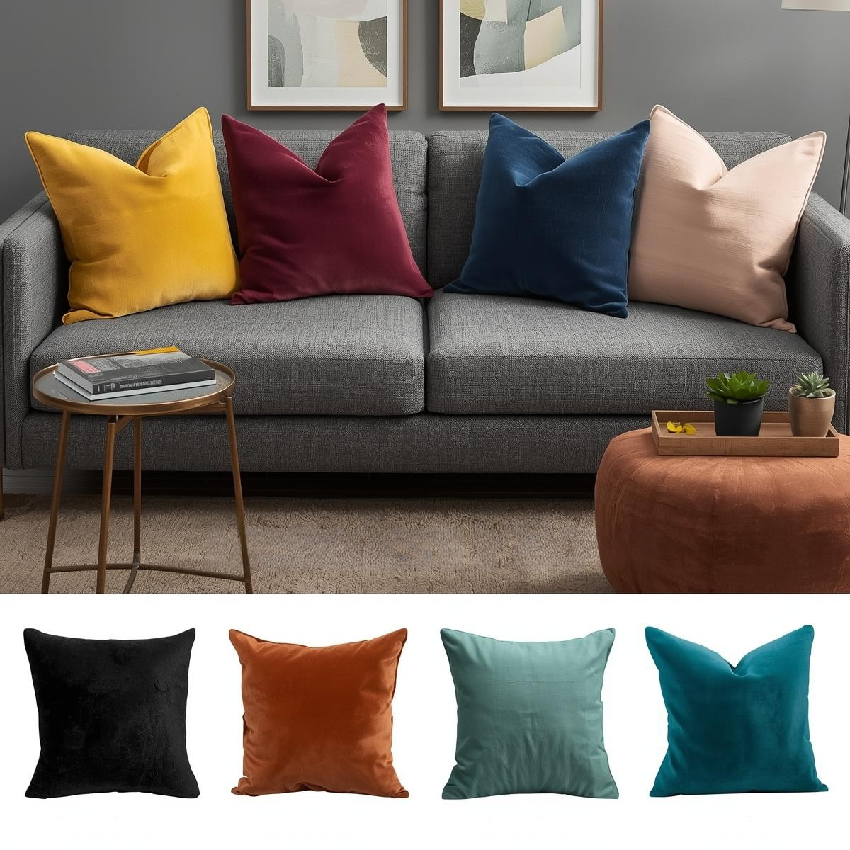 Gray sofa with colorful solid pillows and a small table in a living room setting.