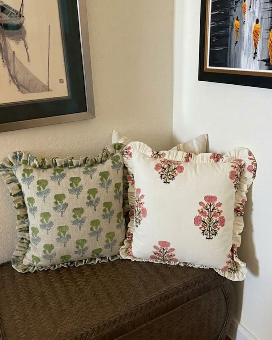 Handmade Pink Floral Swadesh Frill Pillow Cover