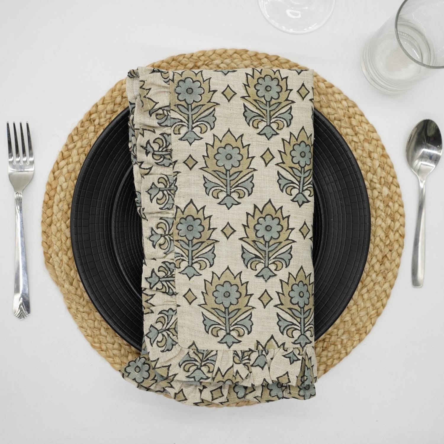 INDIAN FLORAL HANDMADE DECORATIVE TABLE BLOCK PRINTED LINEN FRILL DINING NAPKIN SET – KUSUM