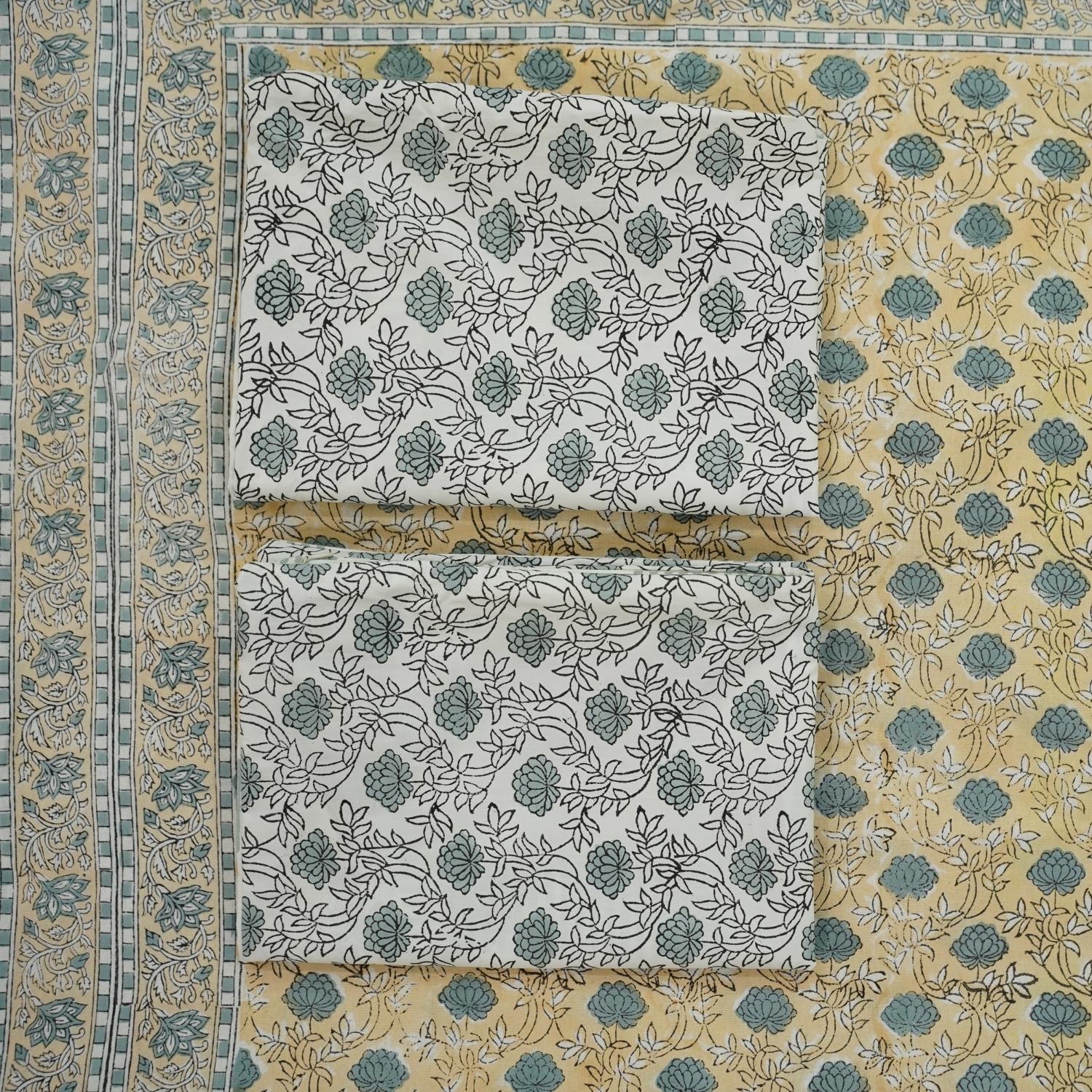 Our hand block printed cotton bed linen is perfect for those who love unique art. Featuring floral designs printed with wooden blocks, this breathable cotton bedsheet and pillow cover enhance both farmhouse charm and everyday comfort.