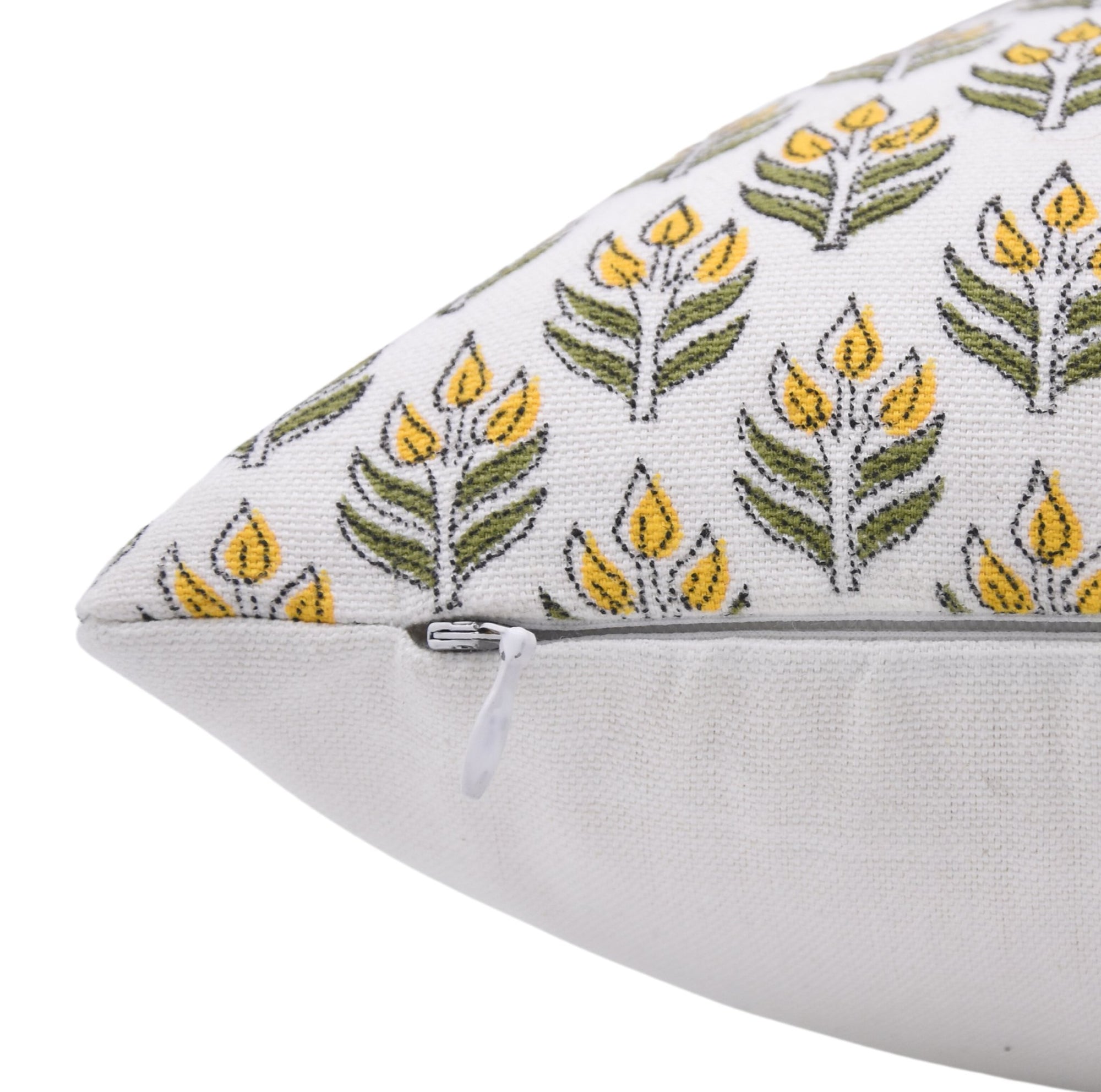 Block print thick cotton white throw pillow cover- ALIA Yellow and White - Fabdivine