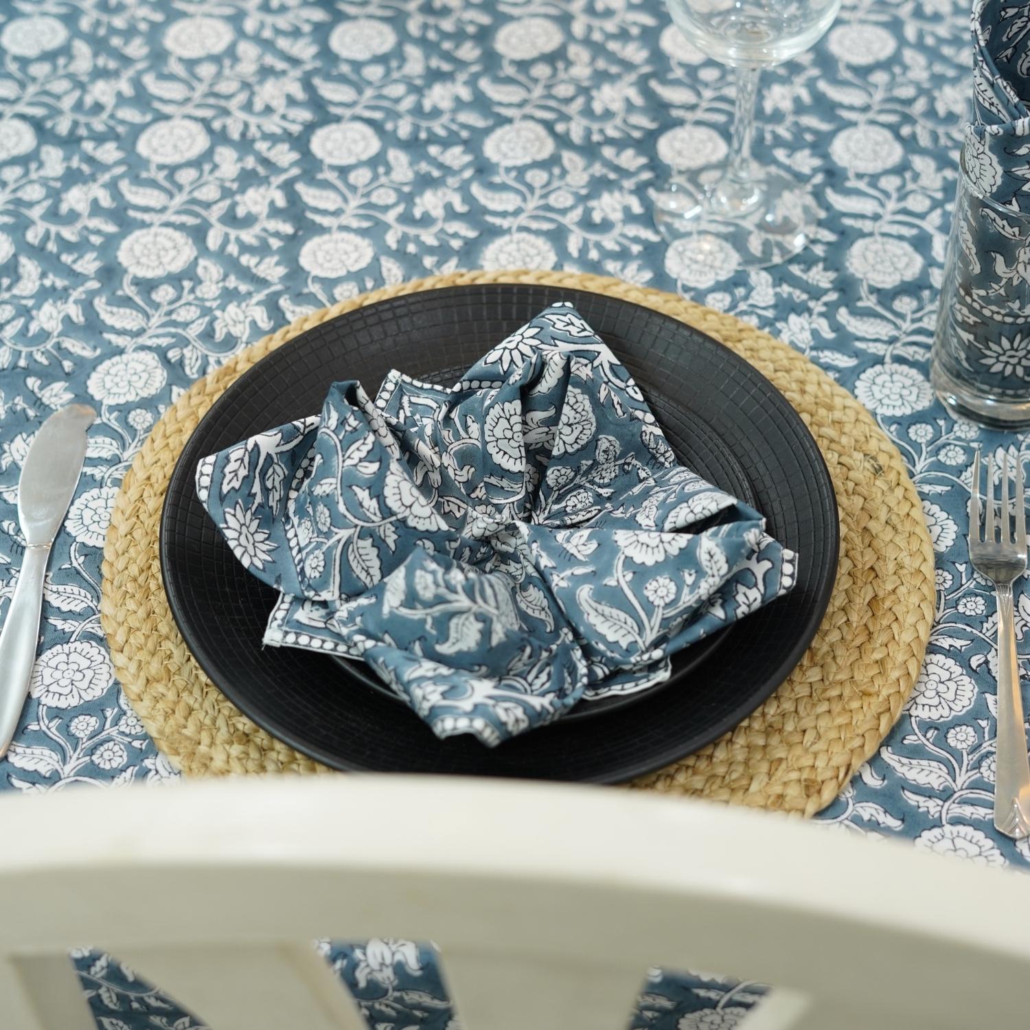 INDIAN HAND BLOCK PRINTED COTTON FLORAL DECORATIVE BOHO TABLE COVER WITH NAPKINS - SHILONG