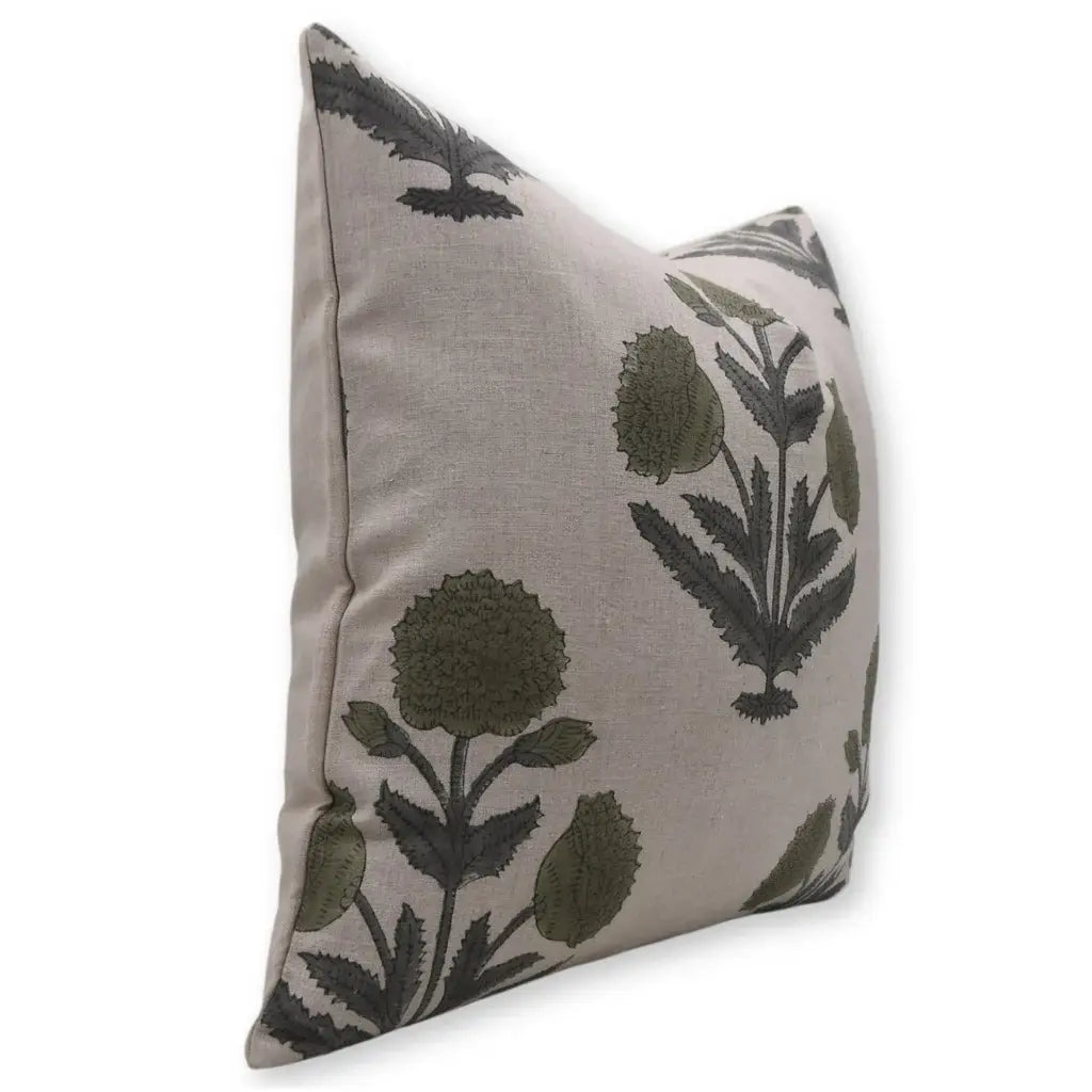 Olive Block Print Badshah Natural Pure Linen Cushion Cover 