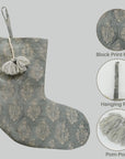 Hand Block Printed Gray Floral Pom Pom Christmas Stocking in Pure Linen Holiday Decor - Neelgagan