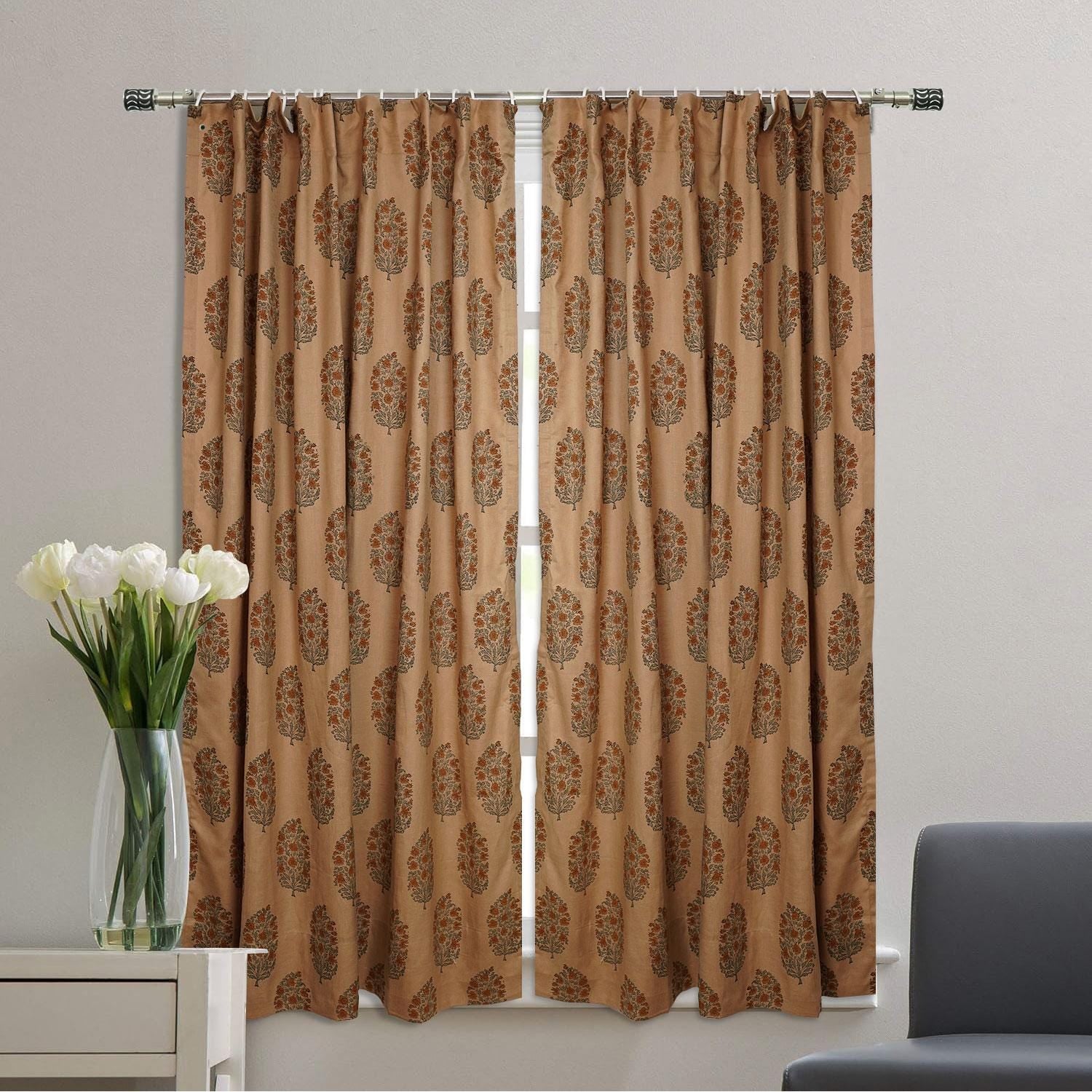 VISCOSE LINEN BLOCK PRINTED RING CURTAIN ELEGANT FLORAL WINDOW PANEL - VIRAT