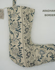 Hand Block Printed Linen Christmas Stockings Black & Brown Floral Design with Pom Pom Holiday Decor
