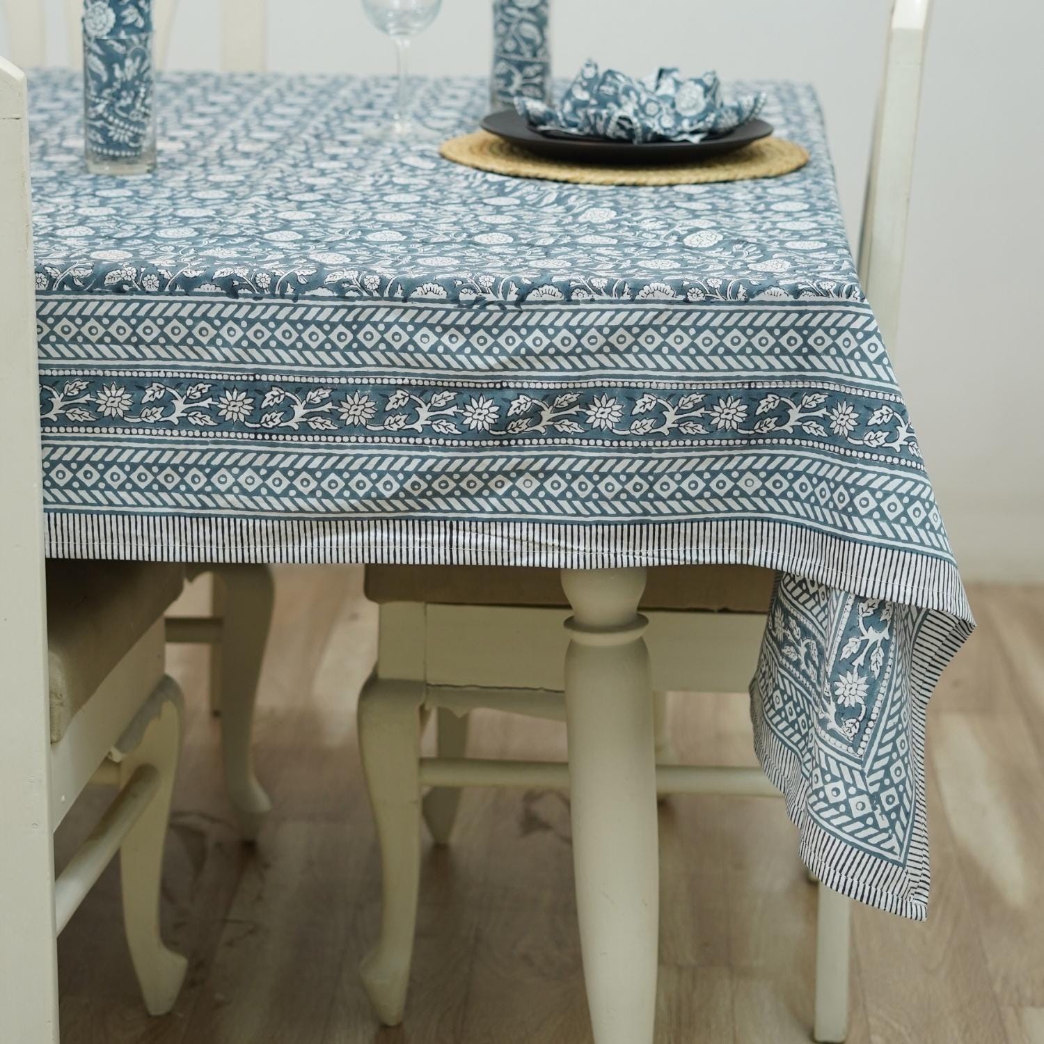 INDIAN HAND BLOCK PRINTED COTTON FLORAL DECORATIVE BOHO TABLE COVER WITH NAPKINS - SHILONG