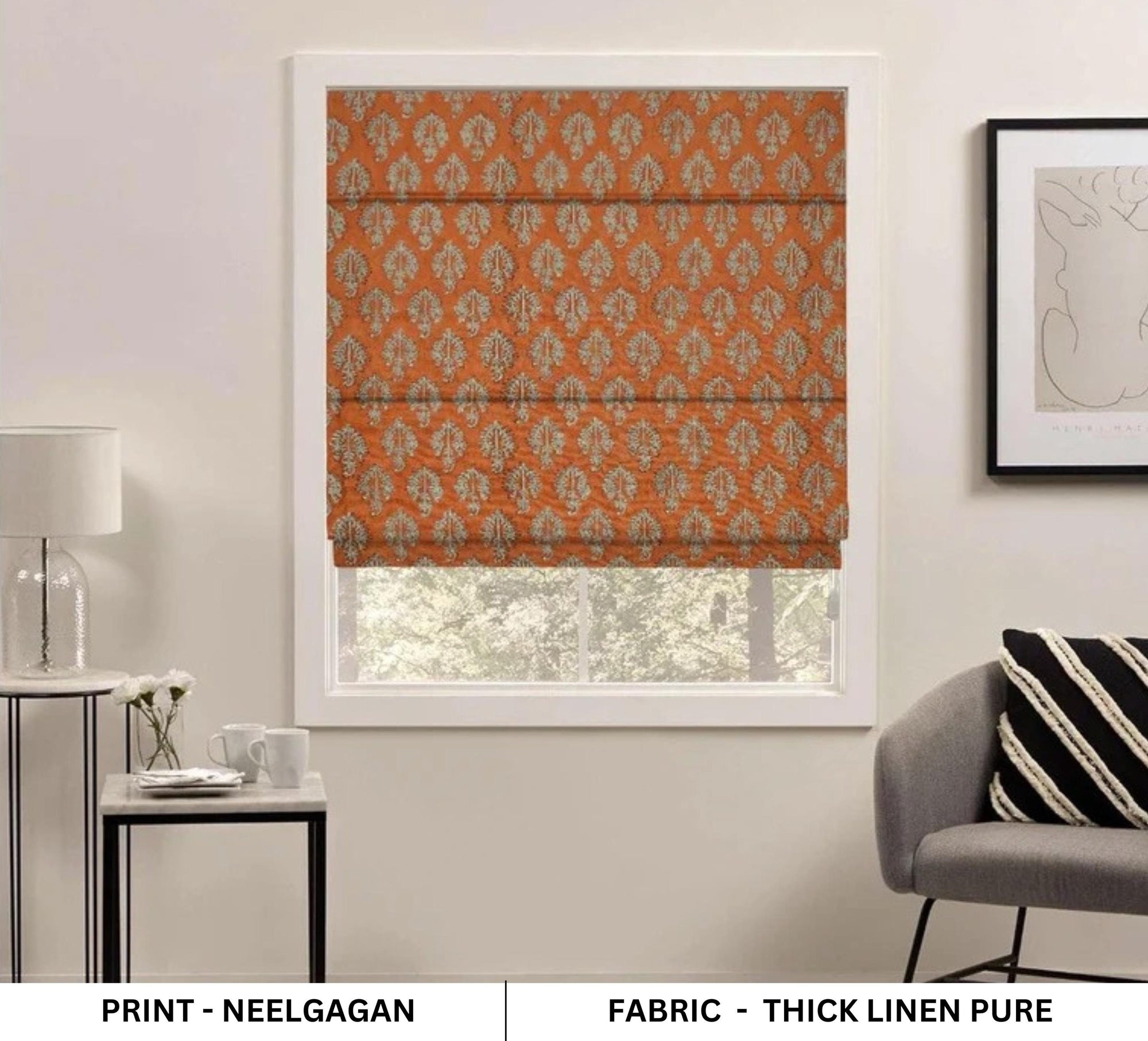 Block printed roman shade made with natural linen, featuring intricate floral motifs. A handmade touch of elegance and charm, ideal for farmhouse or boho interiors. Perfect for decorative yet functional window treatments.