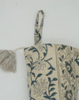 Block Printed Holiday Christmas Stockings in Linen Brown & Blue Floral with Pom Pom Decorative - Mandakni