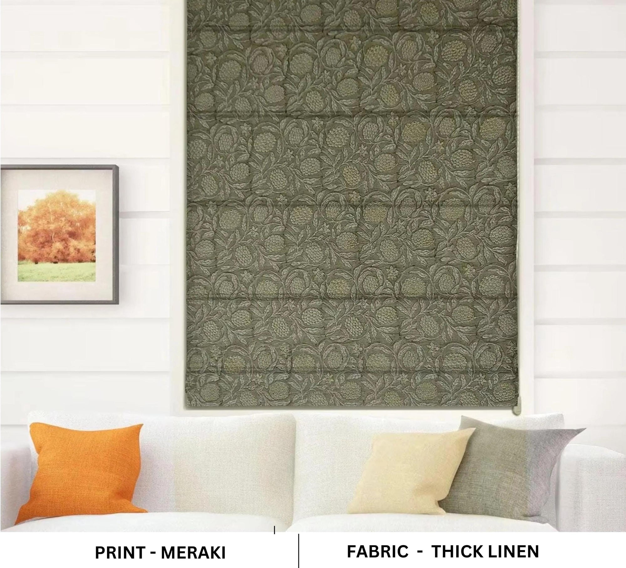 Blackout roman shade with corded lift in floral block print linen. Designed for calm mornings and restful nights, these shades offer beauty and function in one.