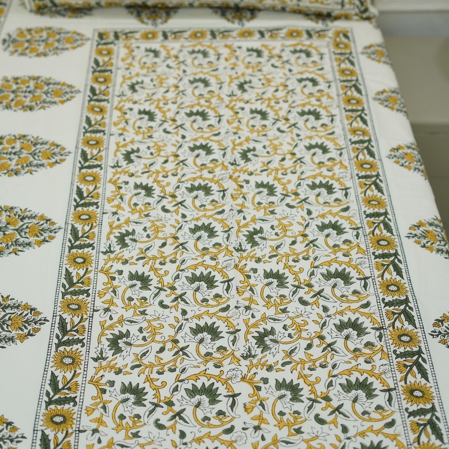 Yellow hand block print cotton bedsheet, pillow cover set for bedding, handmade art, farmhouse decorative cotton with white base bedcover and pillow cover, queen and twin size bedsheet.
