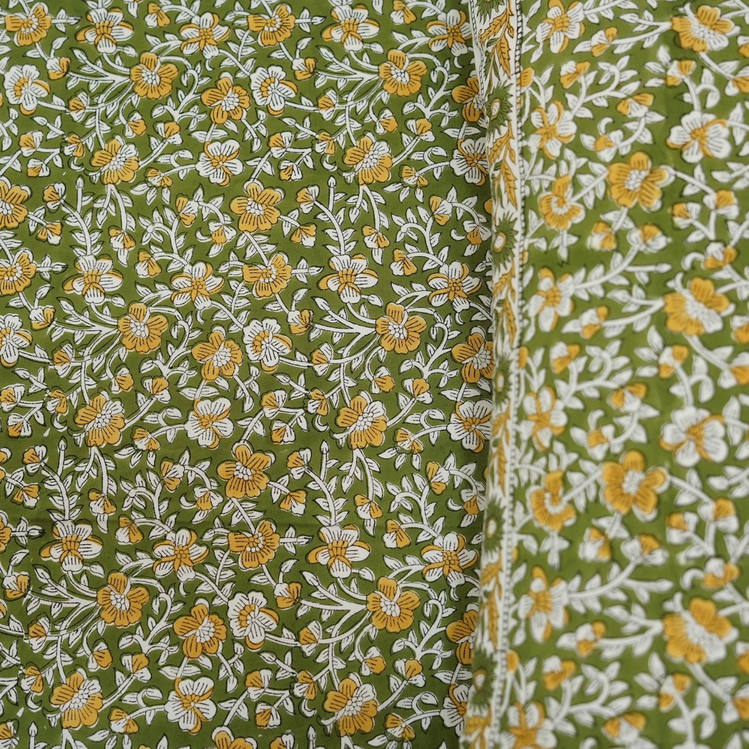 Bedroom king size 100% cotton bedsheet, floral handmade cotton bedspreads, handmade block print green floral cotton bedsheet for queen and twin size bed.