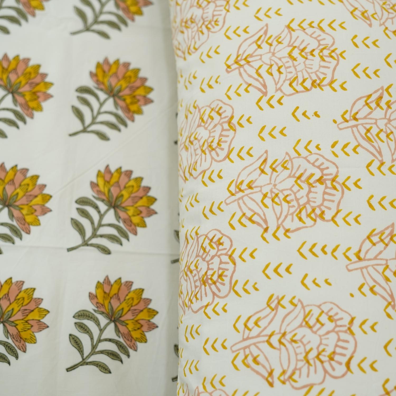 Hand block printed bedding, Indian block print bedsheets, Floral print cotton bedsheet, Natural dyed bedding, Block print pillow cover, Indian handloom bedsheets, Cotton throw for bed.