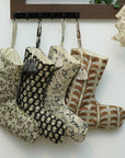 Hand Block Printed Linen Christmas Stockings Black & Brown Floral Design with Pom Pom Holiday Decor