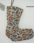 Block Printed Holiday Christmas Stockings in Linen Brown & Blue Floral with Pom Pom Decorative - Mandakni