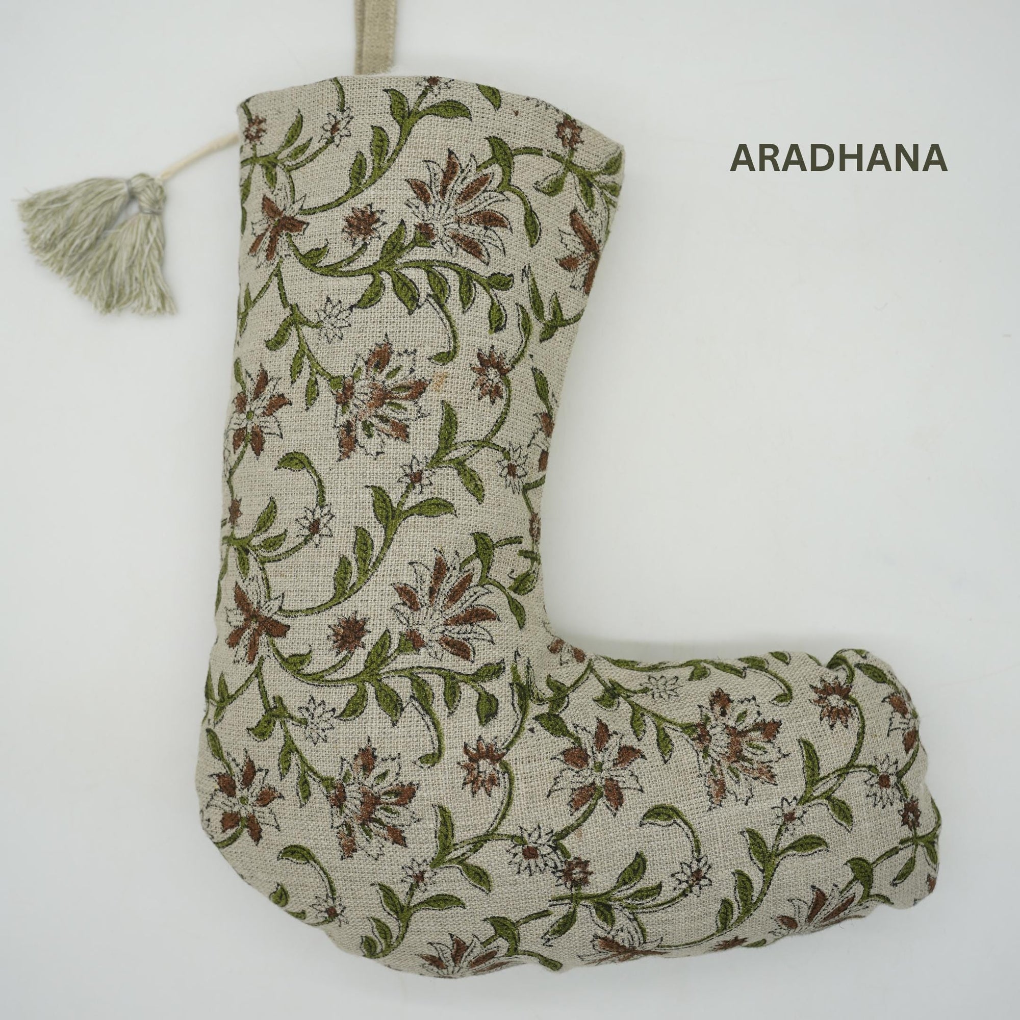 Indian Hand Block Printed Pure Linen Christmas Stocking in Blue and Gray Floral with Elegant Pom Pom Holiday Decor - Aradhana Border