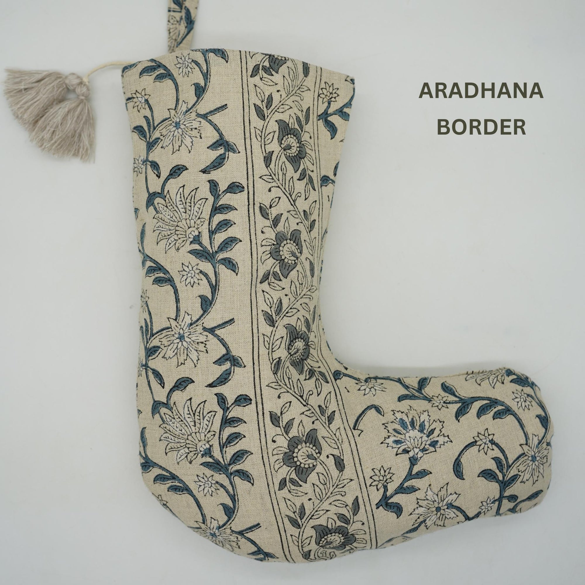 Block Printed Holiday Christmas Stockings in Linen Brown &amp; Blue Floral with Pom Pom Decorative - Mandakni