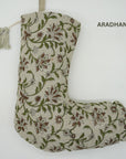 Hand Block Printed Linen Christmas Stockings Black & Brown Floral Design with Pom Pom Holiday Decor