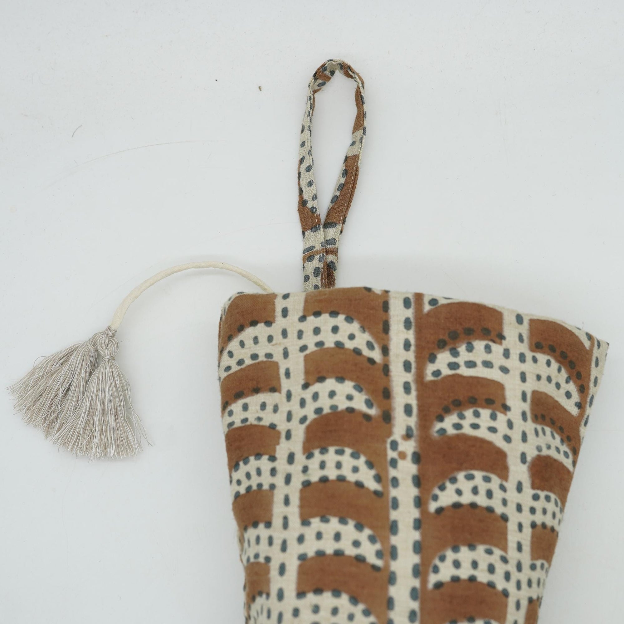 Block Printed Holiday Christmas Stockings in Linen Brown &amp; Blue Floral with Pom Pom Decorative - Mandakni