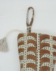 Block Printed Holiday Christmas Stockings in Linen Brown & Blue Floral with Pom Pom Decorative - Mandakni