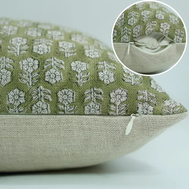 Indian Traditional Print Olive Green Linen Pillow - Tulsi Buti 