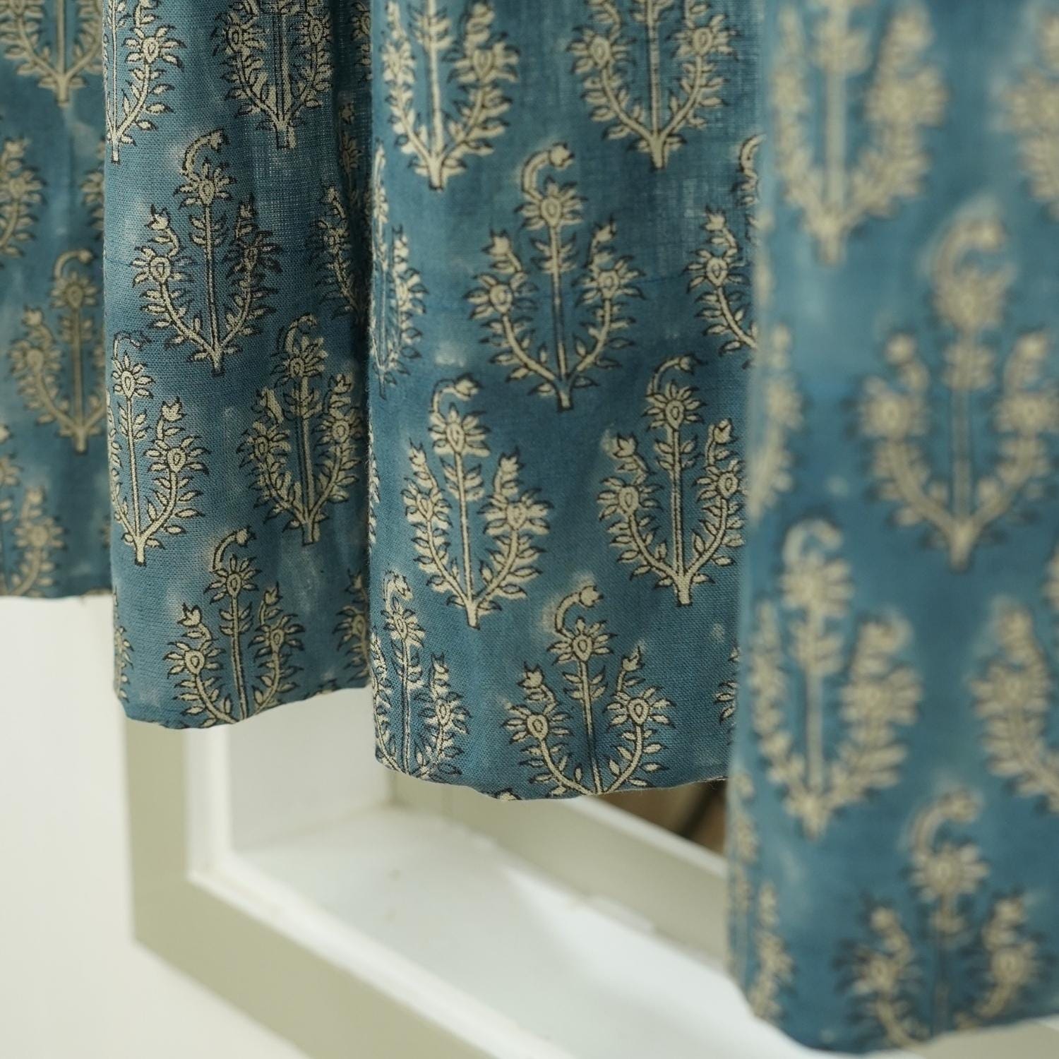 Hand Block Print Linen Blackout Curtains - Indian Fabric Room Decor - Neel Gagan