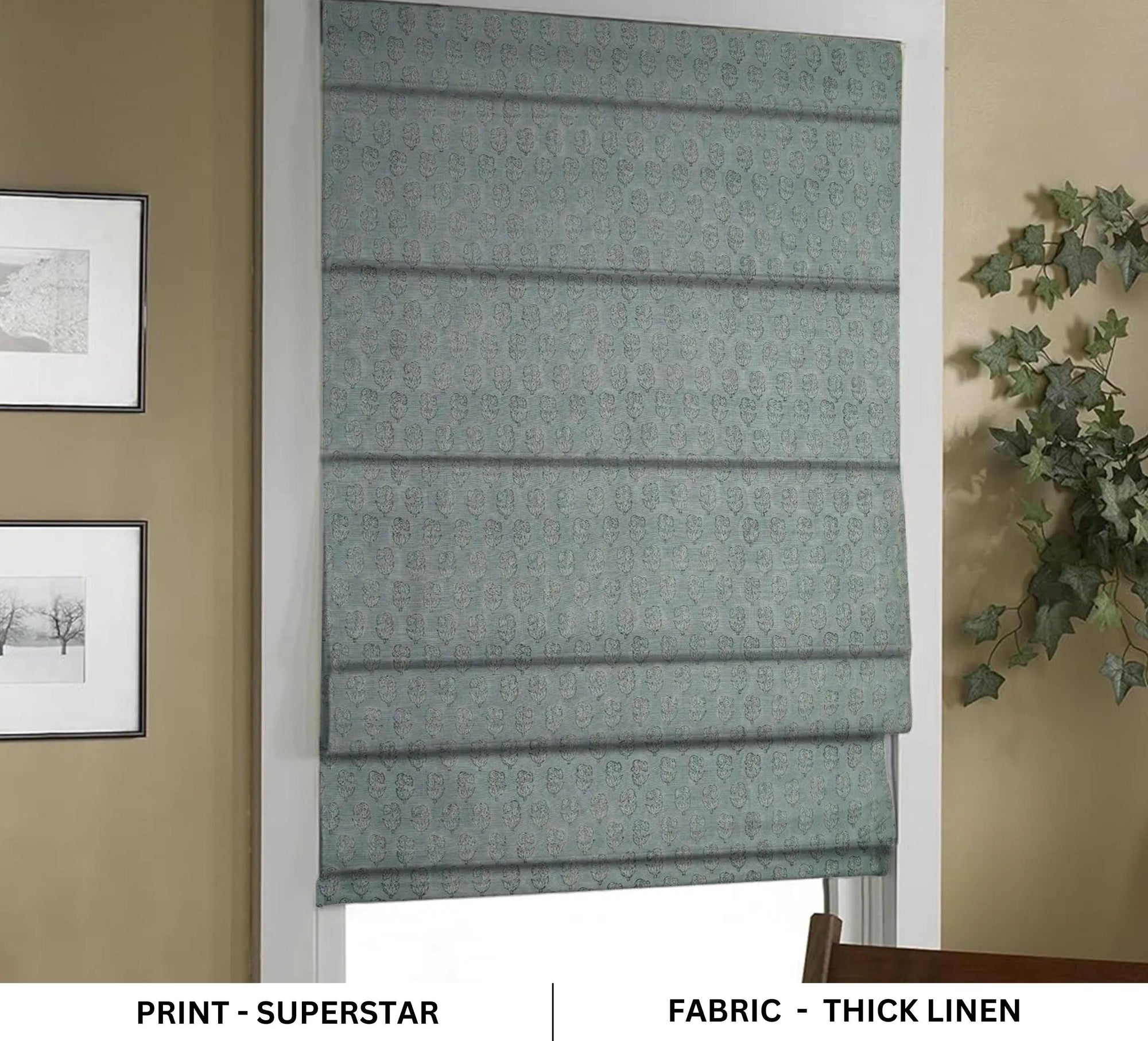Linen floral blackout roman shade with a soft corded mechanism. Handmade with intricate patterns, these are ideal for bedrooms needing quiet, calm, and beautiful light control.