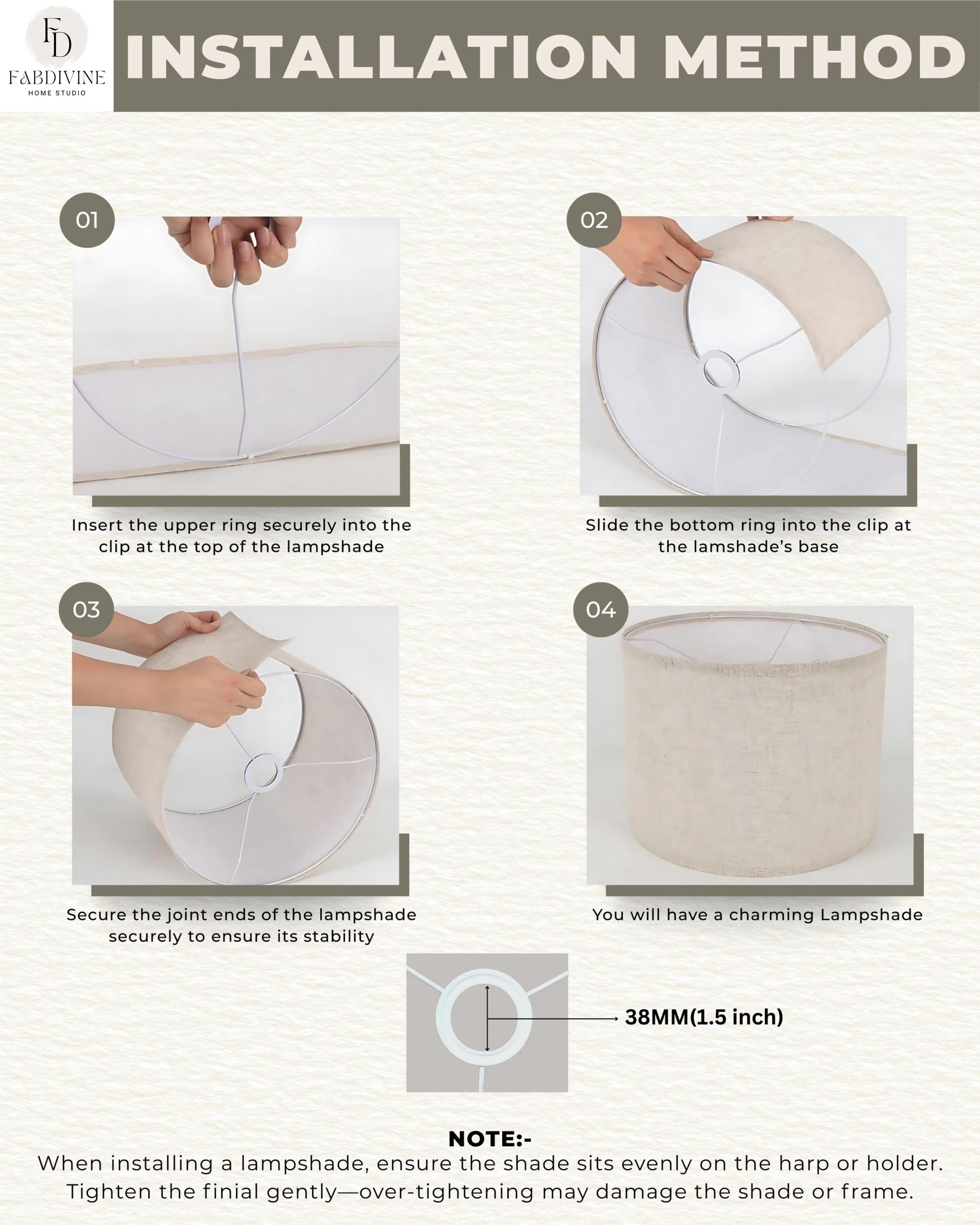 The image is a step-by-step guide on how to install a lampshade, providing instructions on how to properly secure the lampshade to the lamp base and ensure its stability.